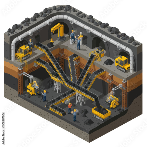 Underground mining operation with machinery and workers.