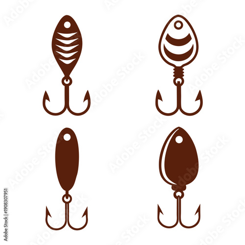 Four Brown Fishing Lures with Triple Hooks in fish hook tackle