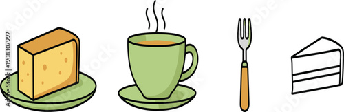 Coffee and Cake Vector Illustration Set with Slice of Pound Cake Ceramic Cup of Hot Tea and Wooden Dessert Fork Isolated