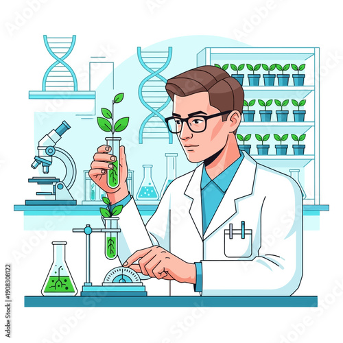 Scientist examining plant in test tube in laboratory with microscope and DNA