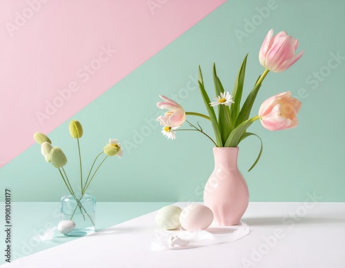 Pastel Spring Floral Arrangement with Eggs and Modern Decor