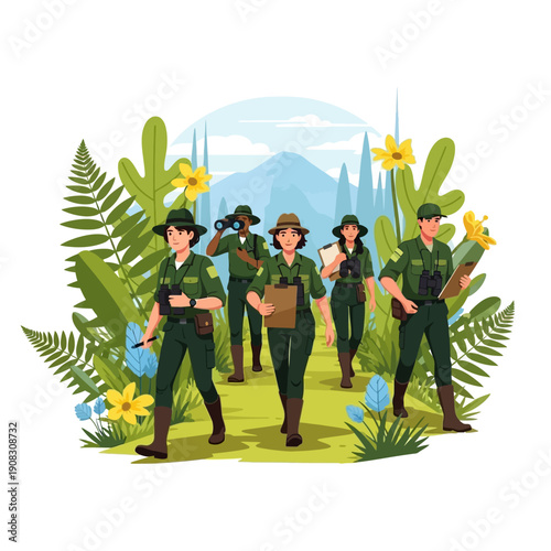 Team of park rangers exploring a lush forest path with binoculars