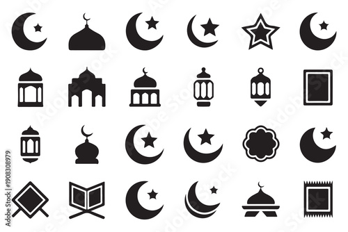 Islamic religious icon set featuring crescent moon star mosque lantern and book symbols for ramadan design
