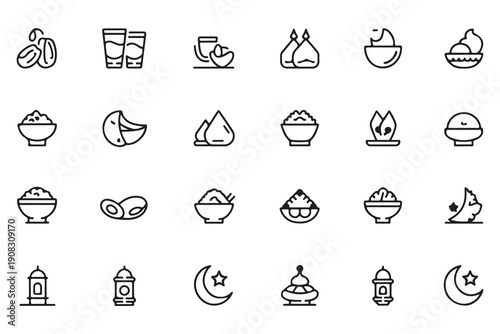 Ramadan kareem traditional food and drink outline icons set, muslim iftar meal linear symbols