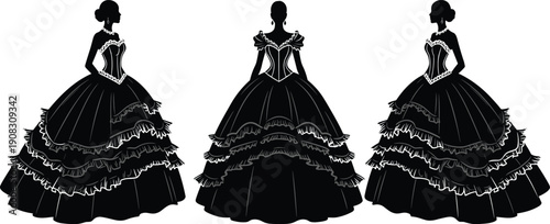 Victorian style black ball gown silhouettes set, elegant vintage women dress collection, royal fashion illustration isolated on white background