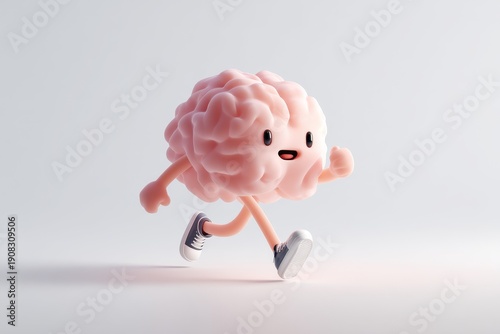 Playful cartoon brain character running in sneakers symbolizes mental fitness, creativity, and positive mindset for educational or health campaigns