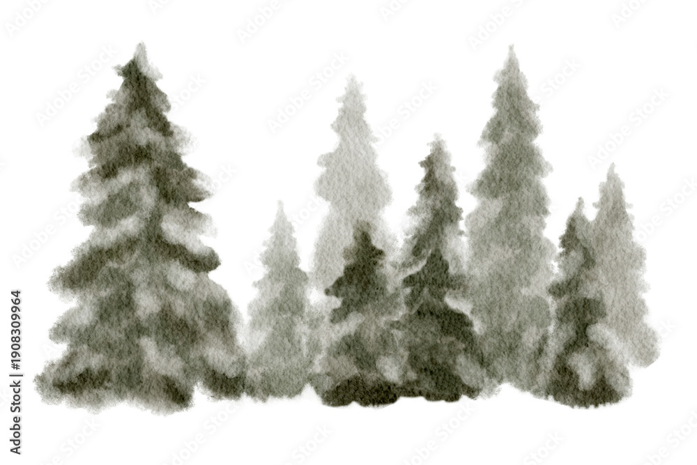 Fototapeta premium Watercolor winter forest with snowy fir trees. Hand painted woodland background for winter landscapes, nature scenes, kids illustration and seasonal decor.