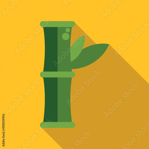 Green bamboo stalk with leaves on a yellow background, a flat design natural icon