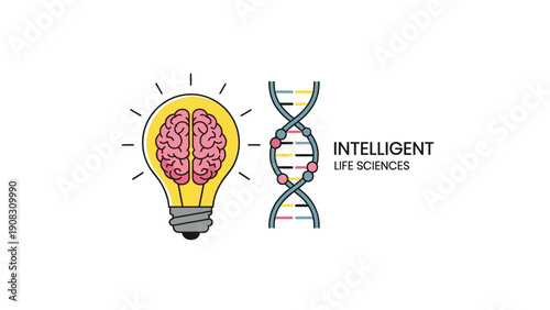 Intelligent life sciences concept with a human brain inside a glowing light bulb next to a DNA double helix representing innovation.