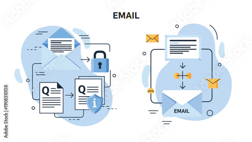Information technology and secure email communication concept with multiple scenes showing encryption, locked messages, and document sharing.