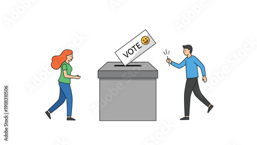 Civil participation and democracy concept featuring man and woman casting a vote into a ballot box with a friendly smiley face icon.