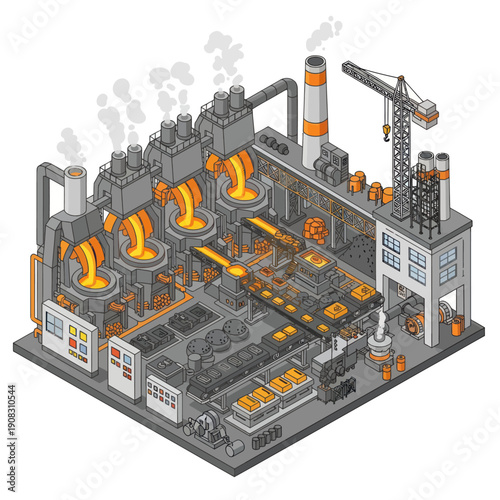 Industrial factory complex with smokestacks and machinery.