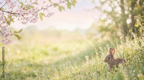 Wild rabbit in a sunlit spring meadow with blooming cherry blossoms.