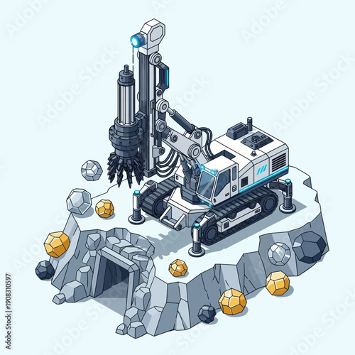 3D illustration of a mining machine extracting gemstones from the ground.