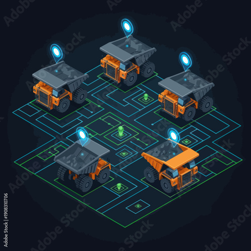 Five orange mining trucks in a digital grid.