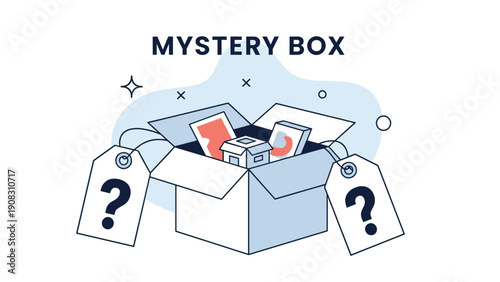Surprise mystery box and unboxing concept featuring open package with generic items and question mark tags for retail marketing.