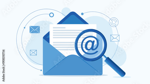 Digital email search and marketing concept featuring magnifying glass with at symbol over an open envelope with document on background.