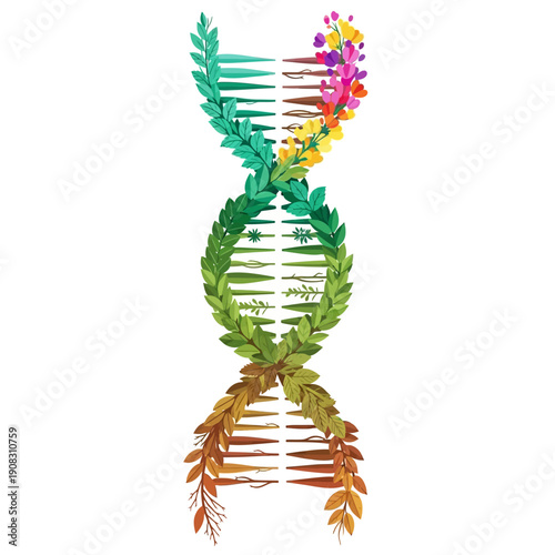 DNA helix structure formed by colorful leaves and branches symbolizing genetics