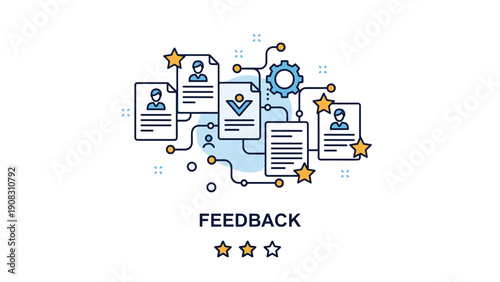 Customer feedback and service review concept with professional profile cards, stars, and gear icon for quality assessment and rating.