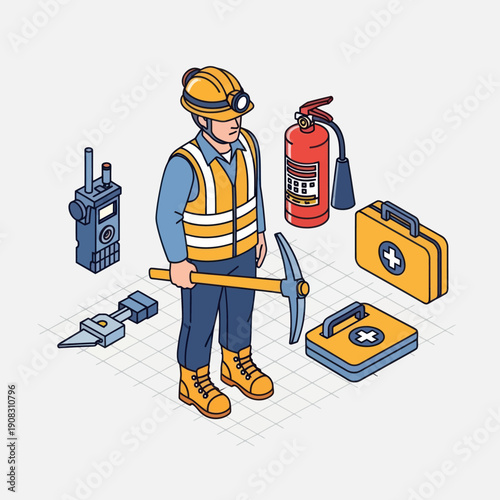 Construction Worker with Safety Gear and Tools.