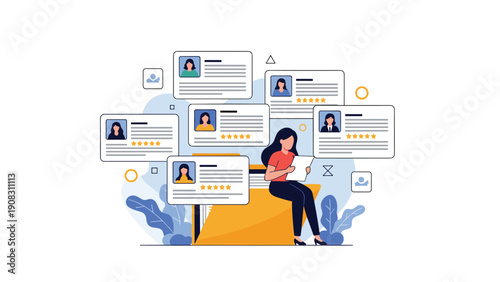 Woman sitting on a large yellow folder reviewing customer feedback cards with five-star ratings and profile pictures around her.
