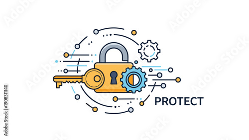 Digital security concept featuring a padlock, key, and gear surrounded by circuit lines and dots with protect text on white background.