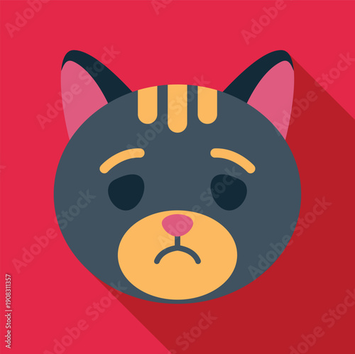 Graphic of a grey cat head with a frown expressing sadness on a red background