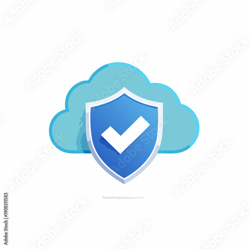 Cloud Security Shield with Check Mark Concept. Secure Cloud Storage and Services. Modern Illustration. Data Privacy and Protection. Reliable System.