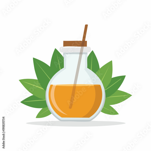 Bottle of Natural Essential Oil with Green Leaves for Aromatherapy and Herbal Medicine Treatments