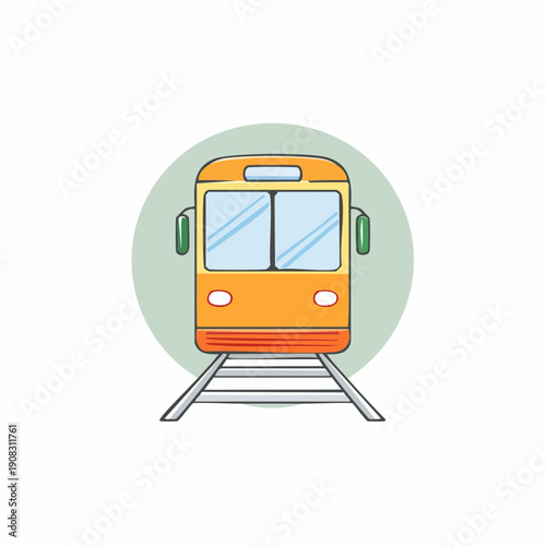 Cartoon subway train illustration on tracks. Transportation vehicle front view.