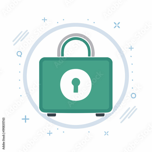 Turquoise Briefcase with Keyhole in Center Surrounded by Dotted Circle with Shapes Illustration