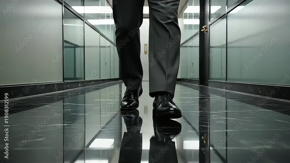 custom made wallpaper toronto digitalMan walking down a modern office hallway, reflecting on the polished floor.