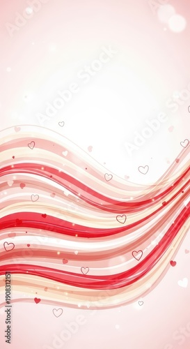 Abstract background features flowing wavy bands of red and pink layered with delicate floating hearts and bokeh lights