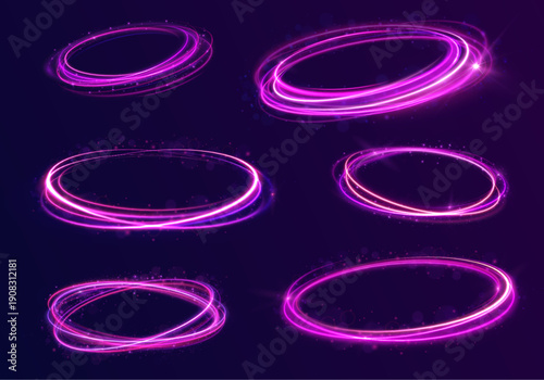 Neon purple rings form interlocking patterns with smooth glowing trails, giving a sense of futuristic motion and digital energy. They create striking visuals for sci-fi art and banners. The luminous s