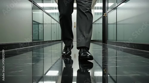 Wallpaper Mural Man walking down a modern office hallway, reflecting on the polished floor. Torontodigital.ca