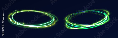 Glowing green ellipse with vibrant light streaks and energy trails. Circular frame shines with futuristic atmosphere and depth. Great for sci-fi interfaces, motion graphics, and cyber themes.