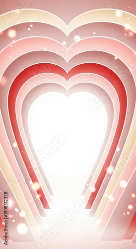 Repeated heart shapes create a brightly lit tunnel effect with floating light particles