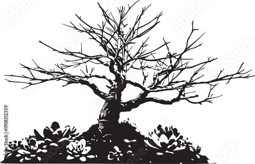 A majestic bonsai tree with intricate branches and a lush base of foliage