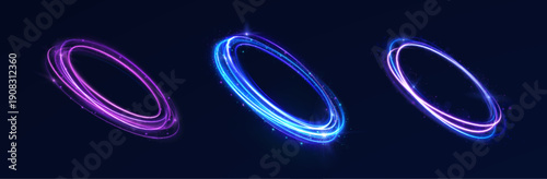 Bright neon swirl forms a circular energy frame. Abstract glowing ring with magic particle sparks. Sci-fi light effect for modern banners and virtual technology concepts.