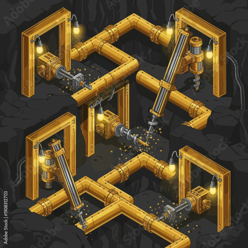 Industrial pipes and valves with golden fittings and steam emission.