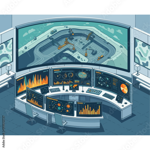 Futuristic Control Room with Advanced Monitoring Systems and Large Display Screens.