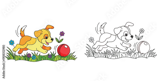Cute cartoon puppy playing with ball in grass vector illustration with black and white coloring book page outline for kids education