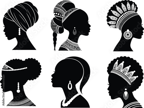 African women silhouette collection, traditional hairstyles and headwraps vector illustration, tribal queen profiles, cultural beauty, black female portrait set, ethnic fashion design