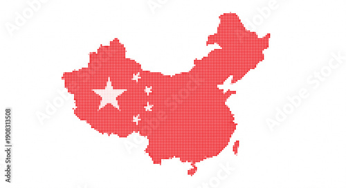 Red Halftone Dotted Map of China with Star Symbol, Abstract Chinese Geography Background, Dot Pattern China Map Vector Illustration