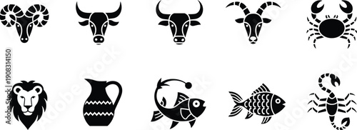 Zodiac and animal silhouette icon set, Aries Taurus Capricorn Cancer Leo Scorpio Pisces Aquarius symbols, black vector illustration collection isolated on white background