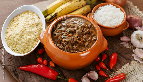 Barreado. Typical dish from Brazil, State of Paraná. Beef cooked for hours with Morretes cassava flour to make pirão (a type of porridge), plantains, and white rice on a rustic table.