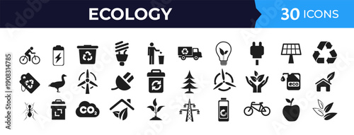 Eco-friendly icons set for environmental protection and sustainability, featuring symbols for recycling, clean energy, and nature.