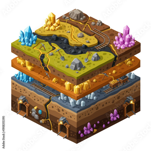3D Isometric Illustration of Underground Mine Layers.