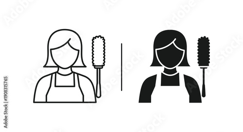 A pair of simple black and white line art icons depicting a person cleaning with a duster