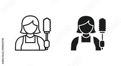 A simple black and white illustration depicts two female figures holding cleaning tools representing domestic service high quality